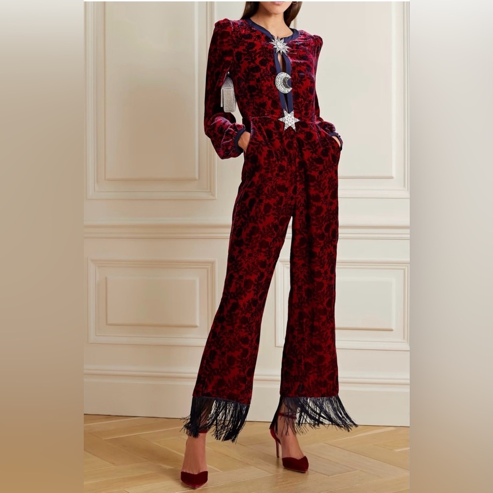 $2500 New Saloni Camille Fringe Velour Velvet Moon Stars Jumpsuit